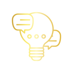 Gold business advisory icon with a lightbulb and chat bubbles representing business consulting and advisory services.