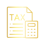 Gold tax icon with a document and calculator representing tax services.